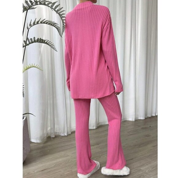 Contemporary Mock Neck Drop Shoulder Tee & Pants Coord Set Pink - Picture 4 of 5